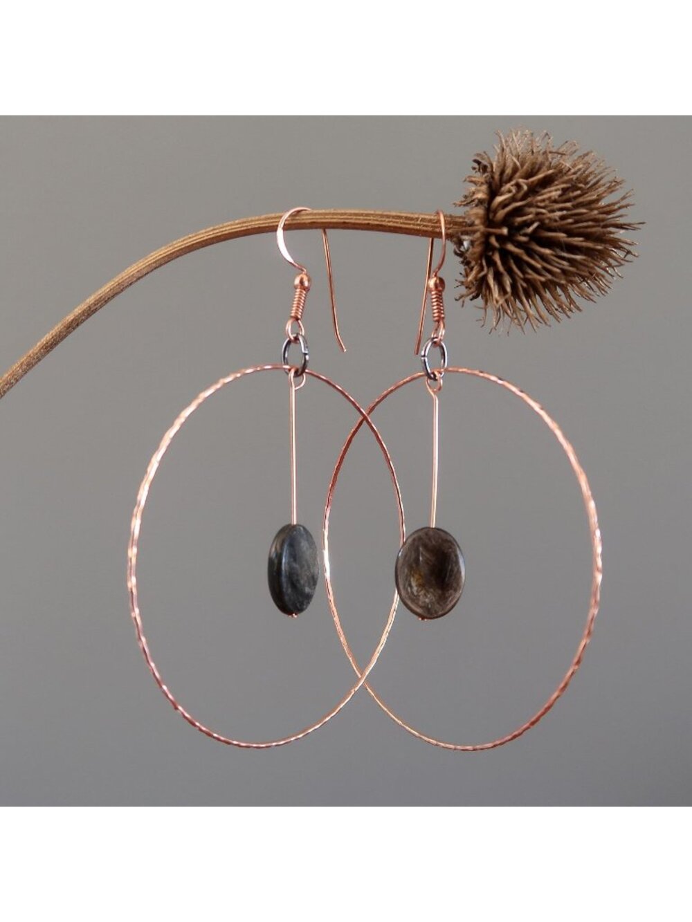 Mica Earrings Shimmer Hoop Copper Big Statement Oval Brown Shimmering Gem Stone